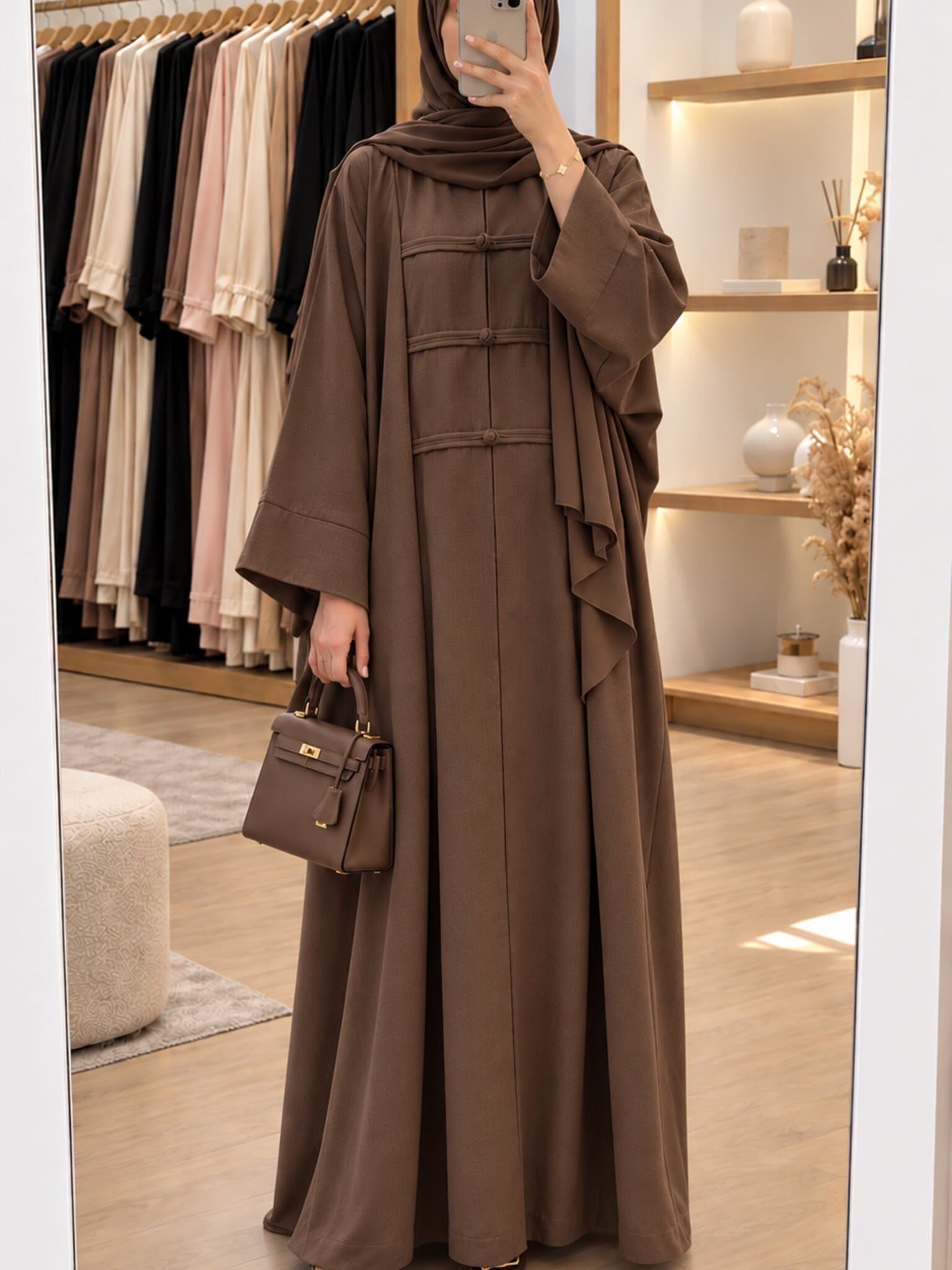 Abaya Lian marron portée en boutique, avec un sac à main assorti